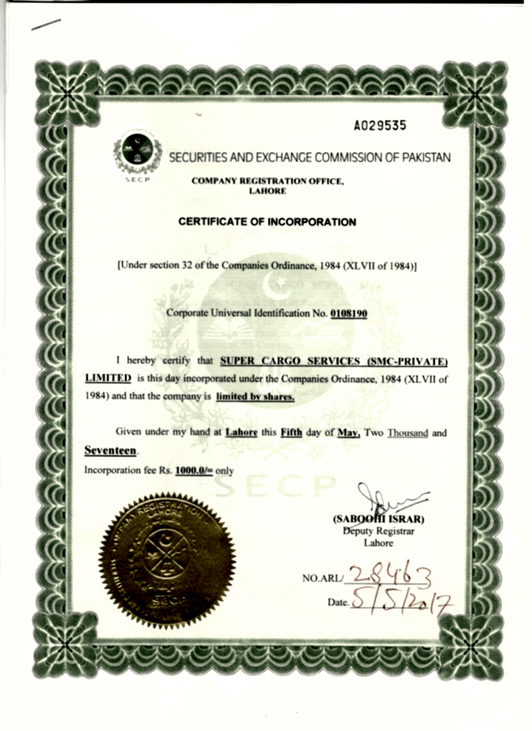 company registration certificate in Pakistan 